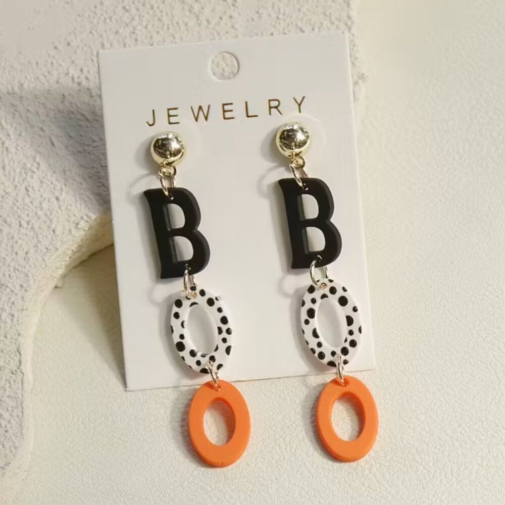Halloween BOO Acrylic Drop Earrings Black White Orange Polka Dot Dangle Jewelry - Picture 7 of 8